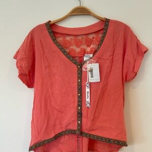 Coral Blouse with Embroidered Trim